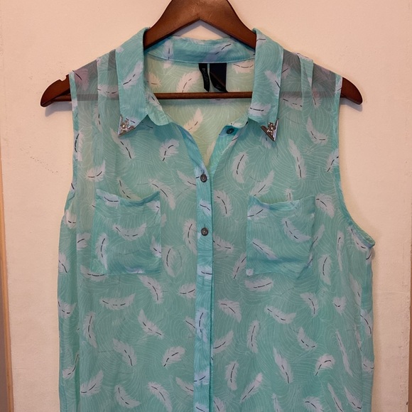 Bisou Bisou High Low Sheer Button Tank Top Collar Tips Turquoise Size Large - Picture 2 of 7